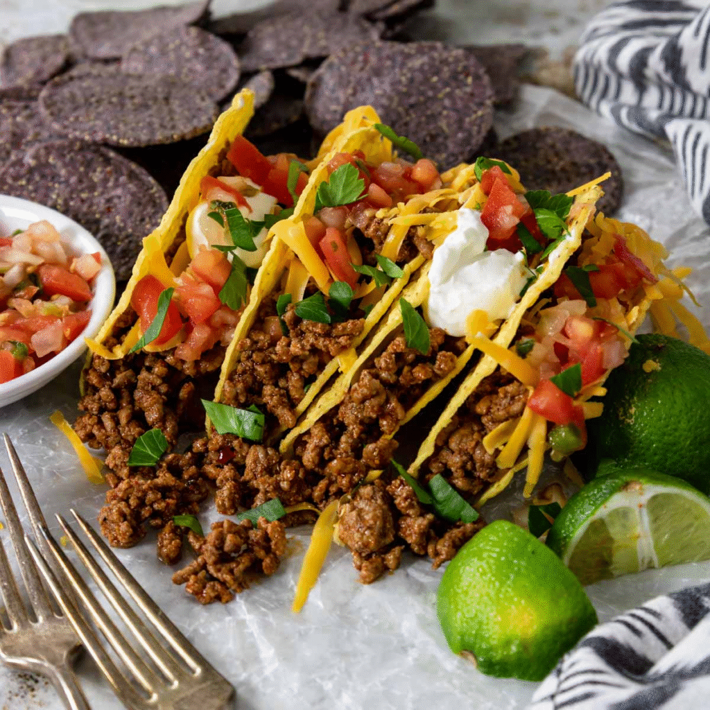 Crispy tacos filled with ground beef, cheese, lettuce, and tomatoes