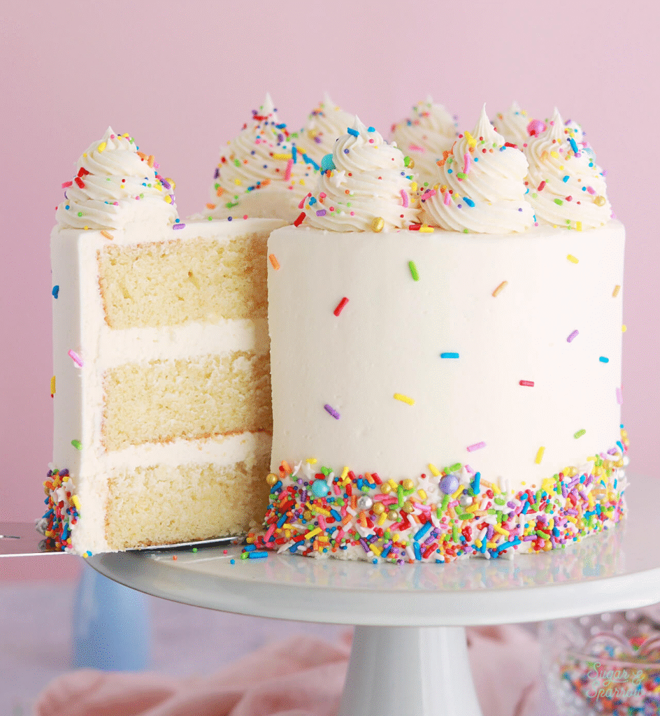 A classic two-layer vanilla birthday cake with fluffy white frosting, rainbow sprinkles, and a candle—the ultimate homemade celebration dessert.
