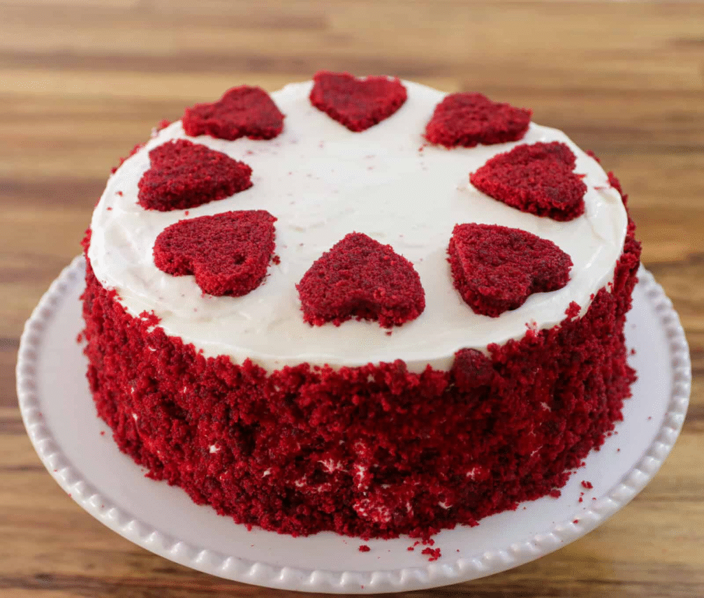 A dramatic slice of red velvet birthday cake with vibrant red layers and thick white cream cheese frosting—the ultimate classic celebration dessert