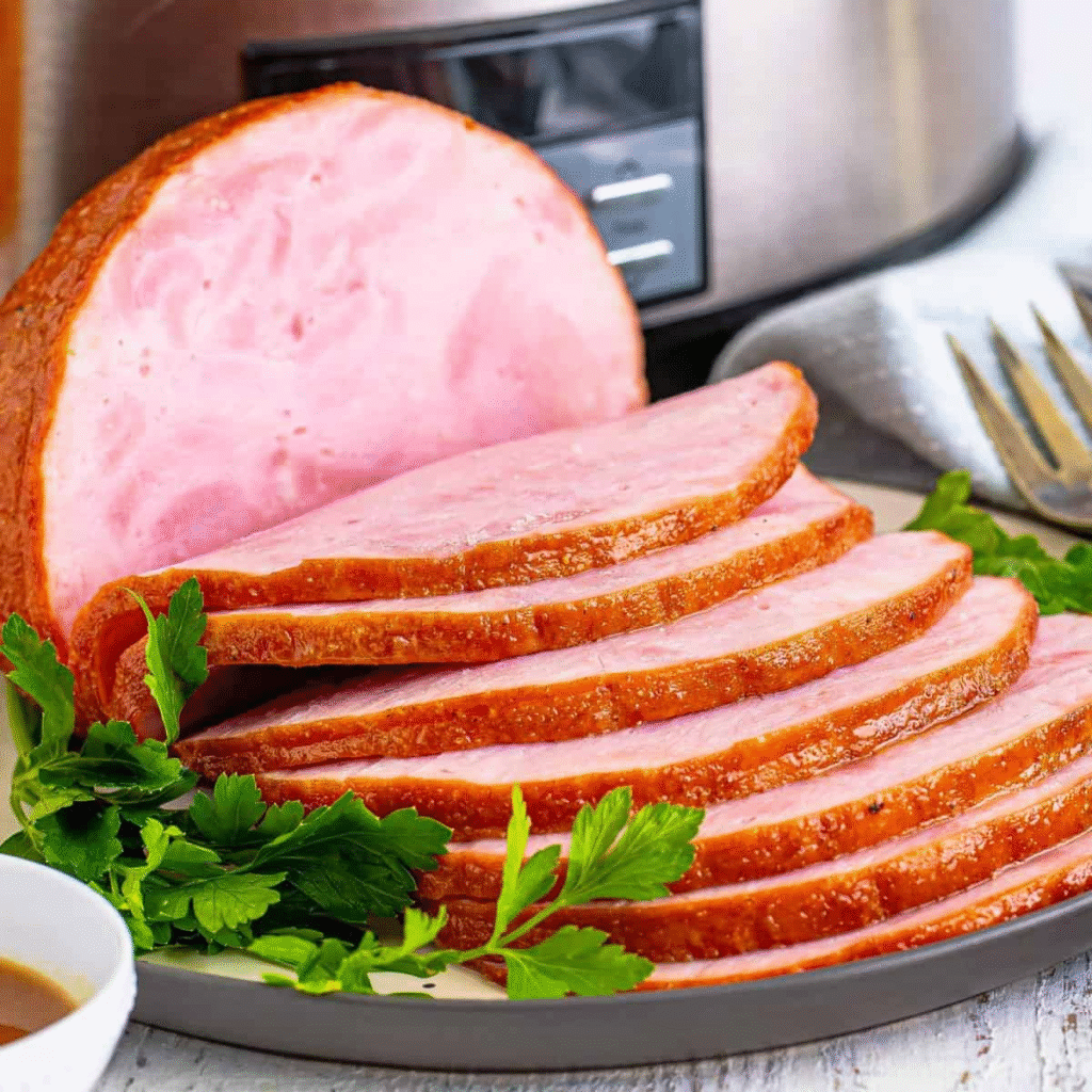 Mouthwatering slow cooker ham piled high with caramelized pineapple rings and sticky brown sugar glaze—your new favorite holiday centerpiece ready in a flash.