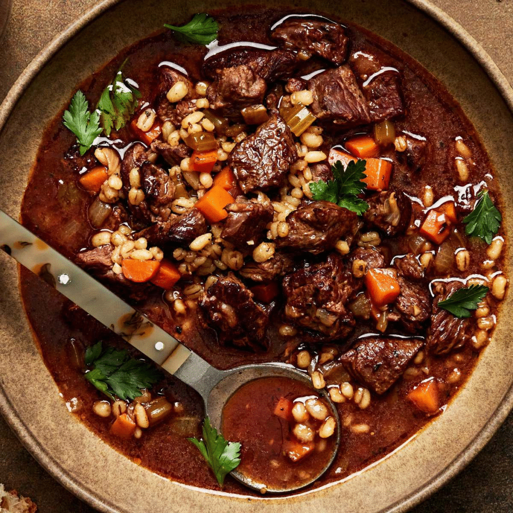 A rich, dark brown, steaming bowl of Beef & Barley Soup, slightly messy on the rim, served in a heavy stoneware bowl on a distressed wood table. Visible chunks of beef, soft pearl barley, and finely chopped parsley garnish. Comforting, rustic, and deeply satisfying.