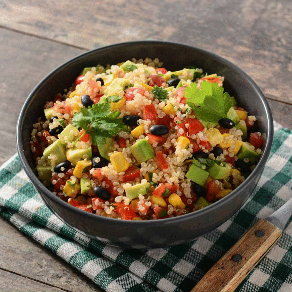 A colorful quinoa and black bean burrito bowl topped with creamy avocado, juicy salsa, and fresh lime—your new go-to healthy lunch bursting with flavor.