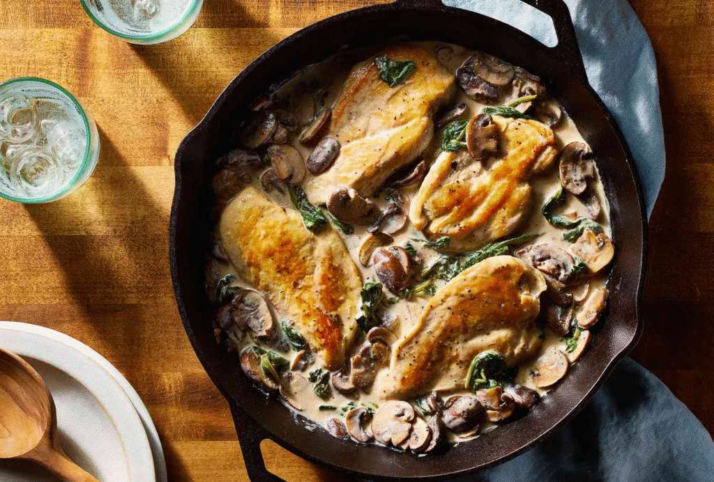 Golden chicken thighs in creamy garlic mushroom sauce with spinach, served hot in a skillet.