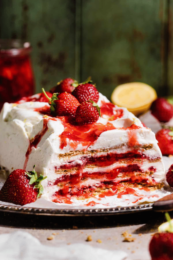 A perfect slice of no-bake strawberry shortcake icebox cake with distinct layers of graham crackers, creamy filling, and fresh strawberries—the ultimate easy, make-ahead dessert